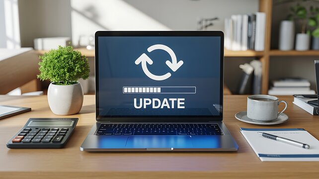 Update software application Person using laptop with software update progress interface and security, technology update digital transformation concept.