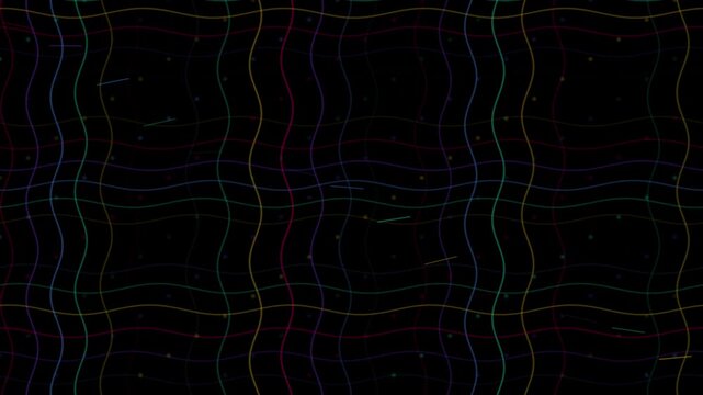 Wavy multicolored lines flow across a dark background creating a looping tech overlay with subtle starlike dots