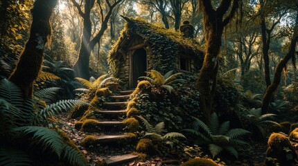 Obraz premium Mossy stone hut with wooden stairs sits deep in rich green forest. Overgrown foliage covers ancient structure, sunbeams pierce dense canopy illuminating woodland scene.