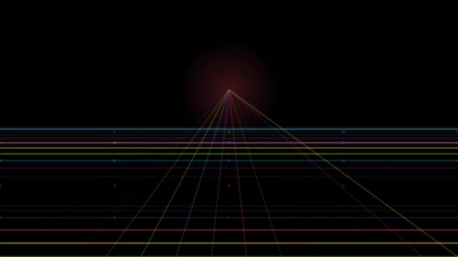 Colorful perspective grid lines converge toward a glowing vanishing point against a dark background, creating a techinspired looping animation suitable for overlay use.