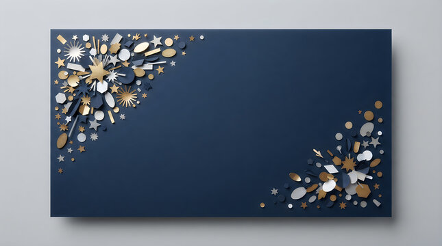 Confetti and star shaped ornaments a metallic illustration against a dark background