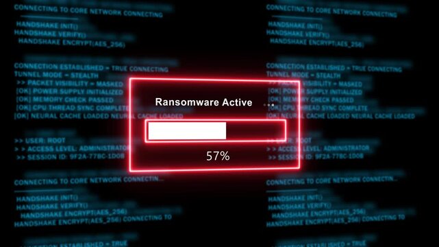 Ransomware cyber attack loading screen with red progress bar and digital network code background malware