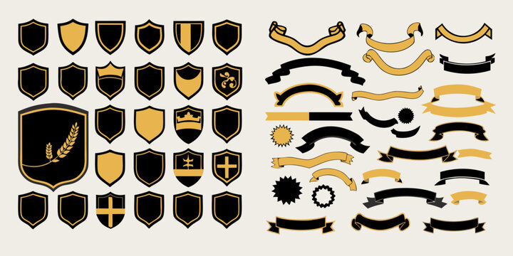 Heraldic shields and decorative ribbons are presented as a vector illustration