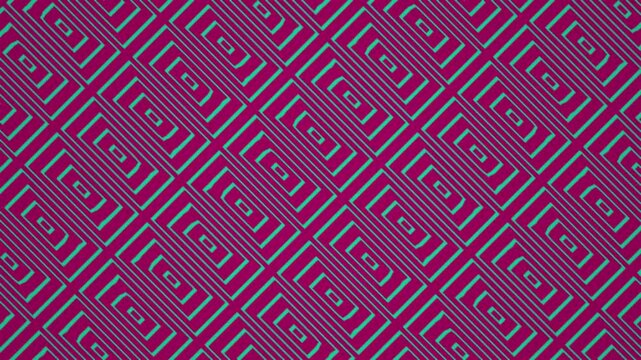 A diagonal repeating geometric pattern features interlocking spiral shapes in teal lines on a magenta background suitable for tech backgrounds and overlays.