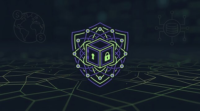 Cyber Security Shield Icon With Blockchain Data Cube On Dark Digital Network Background