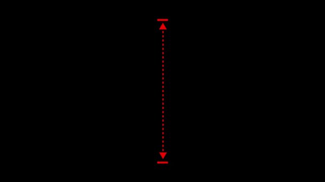 Minimalist vertical measurement animation with red arrows on black background, scale motion ui