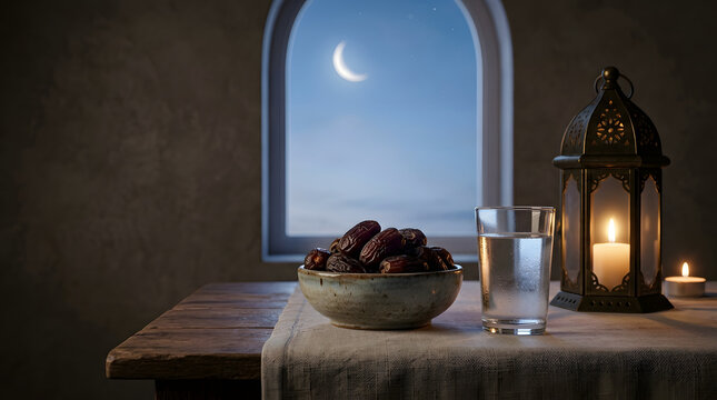 Ramadan dates and water for Iftar meal with lantern by window at night