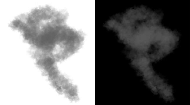 Atmospheric smoke plume illustration, realistic gray steam cloud on white and black background, wispy vapor trail for overlay effects