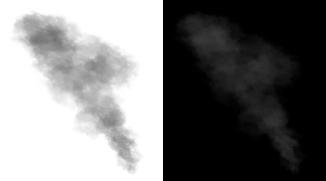 Realistic smoke plume illustration, thick gray vapor trail on white and black background, atmospheric steam and fog effect for design