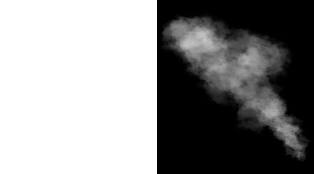 Atmospheric white smoke plume on black background, realistic steam cloud illustration, ethereal fog vapor texture for compositing