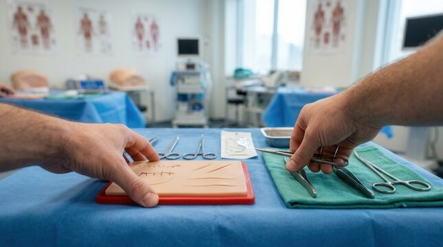 Medical student practicing suturing techniques on a training pad with surgical instruments laid out in a simulated operating room.