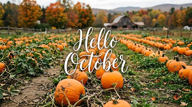 Hello october text on a pumpkin patch field with an old barn background