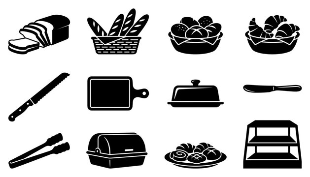 Bread and Pastry Icons Set with Loaf, Rolls, Croissants, and Baking Tools