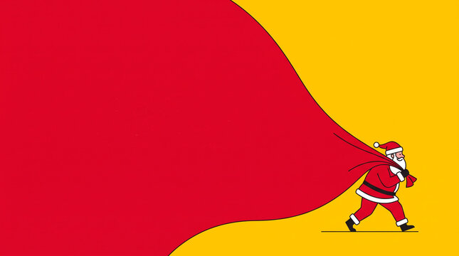Santa Claus carrying a large red sack full of gifts on a yellow background
