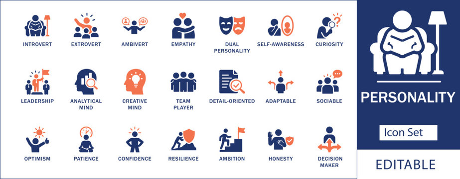 Personality traits solid icon set. Featuring introvert extrovert empathy leadership mindset creativity curiosity honesty ambition and confidence. Editable solid vector icons.