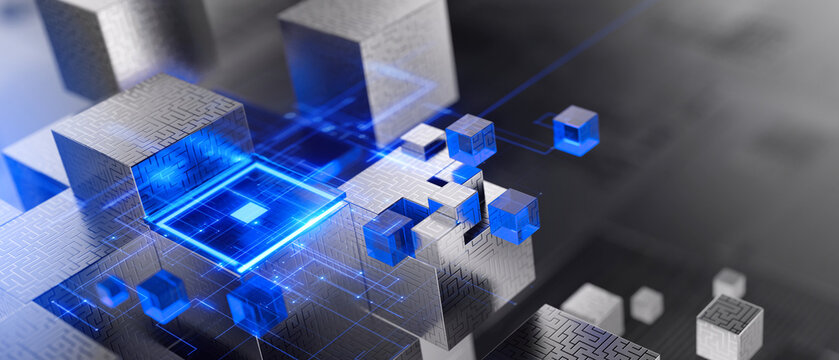 Assembling abstract geometric blocks. Business finance, digital infrastructure, ai concept. Blockchain network structure and Abstract technology