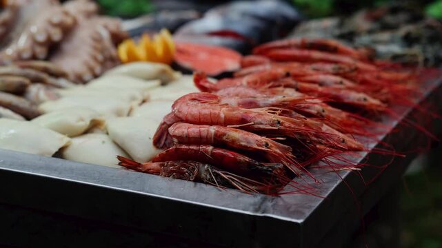 Fresh shrimp and seafood displayed on market tray. Raw prawns, octopus and squid at fish market. Healthy food and gourmet cuisine concept