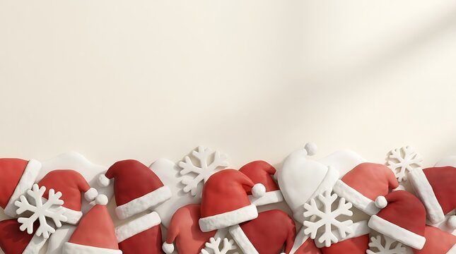 Festive christmas border with red santa hats and white snowflakes
