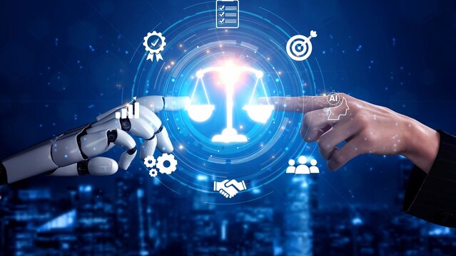 Futuristic digital law interface displaying justice scale, highlighting digital law, AI compliance, digital law systems, and digital law regulations for secure governance. Muxer