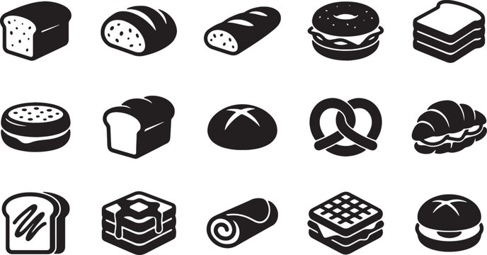 Set of fifteen black bakery bread and pastry icons for food design projects