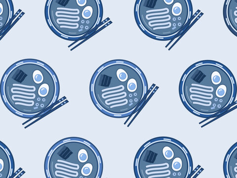 Japanese Noodle Soup Bowls Colorful Food Pattern