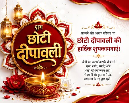 Choti diwali celebration greeting card with traditional oil lamps and marigolds