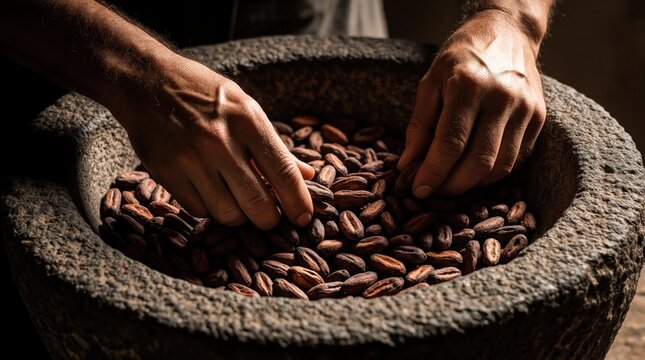 Artisan hands sort cacao beans in stone mortar. Preparing raw cocoa for chocolate. Traditional food craft process close up. Natural ingredient grind.