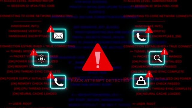 Cyber security alert: hack attempt detected with digital warning and system code data breach digital threat