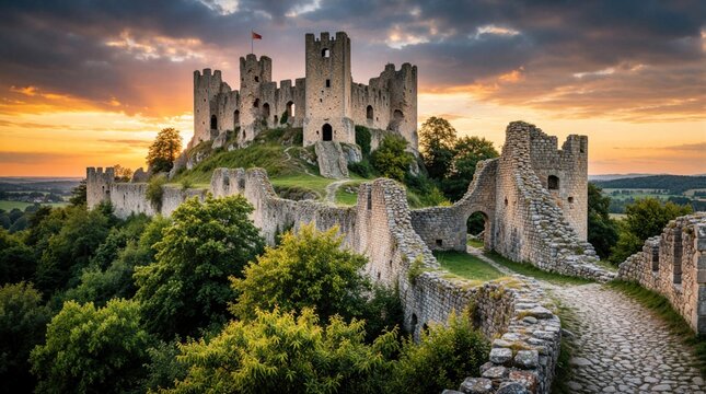 Old stone castle ruins sit on a hill. Green trees grow around crumbling walls and towers. Sunset light bathes the historic fortress in warm colors.