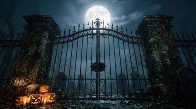 Spooky iron gate at night with full moon and glowing jack o lanterns