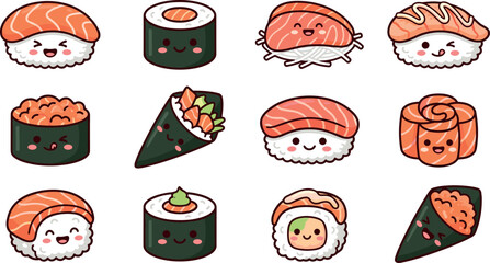 Cute cartoon Japanese sushi sticker pack vector set featuring happy emoji characters including nigiri maki roll temaki and sashimi on white background © MstHura