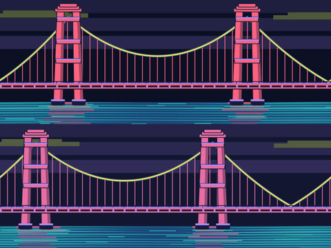 Suspension Bridge Panorama Bold Waterfront Travel Poster