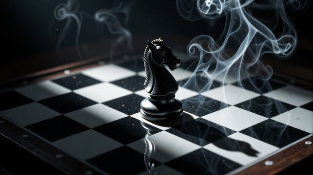 Black Chess Knight Piece Standing on Board with Smoke Wisps