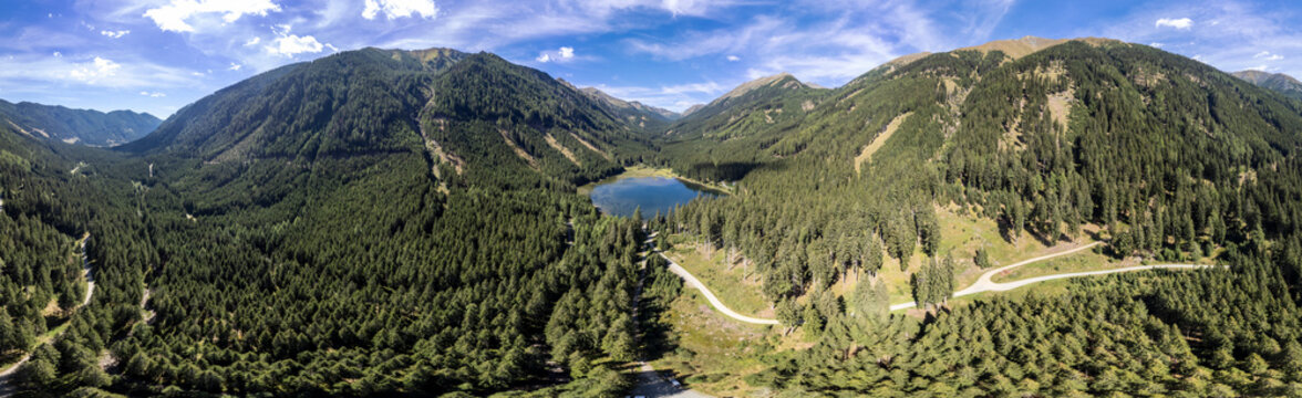 
aerial view of lake Ingeringsee in the Seckau Tauern ( Seckau Alps ) in Styria, Austria