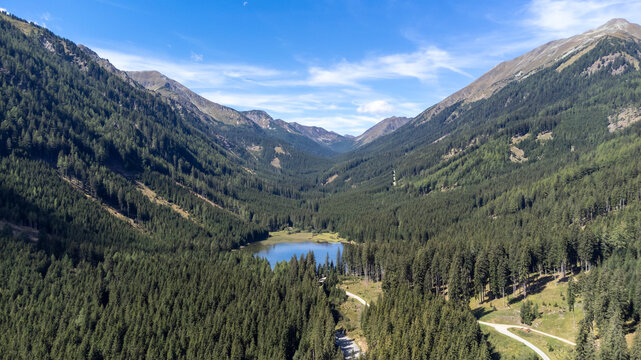 
aerial view of lake Ingeringsee in the Seckau Tauern ( Seckau Alps ) in Styria, Austria