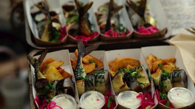 Smoked mackerel fish with baked potato and pickled onion served in paper trays at street food market. Traditional seafood takeaway dish with sauce, restaurant menu concept