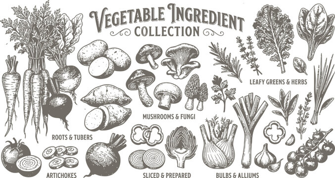A Detailed Vintage Botanical Illustration Collection of Various Fresh Culinary Vegetable Ingredients