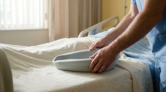 Nurse prepares urinal bedpan for patient in hospital room, providing comfort and care.
