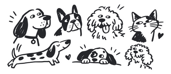 Obraz premium Dogs and Cat Hand Drawn Doodle Set
