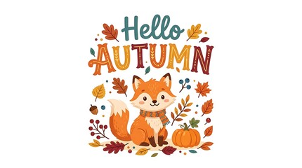 Fototapeta premium Hello autumn cute fox illustration with pumpkin and fall leaves