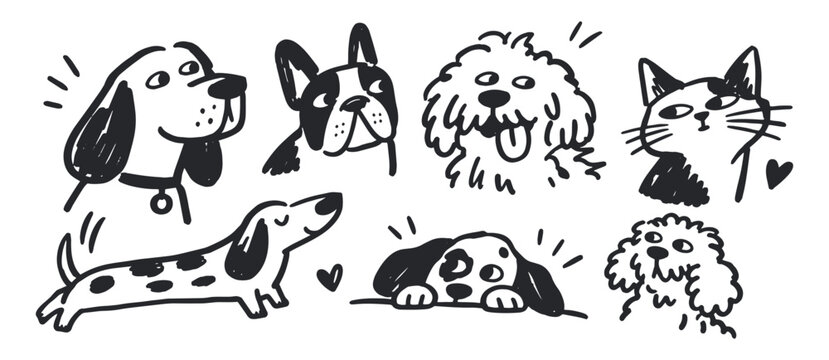Dogs and Cat Hand Drawn Doodle Set