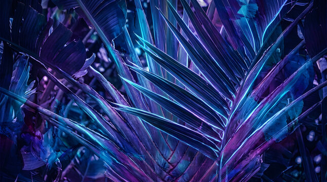 Neon tropical palm leaves background | Cyberpunk aesthetic jungle foliage | Glowing blue and purple exotic leaves | Vaporwave style night garden texture