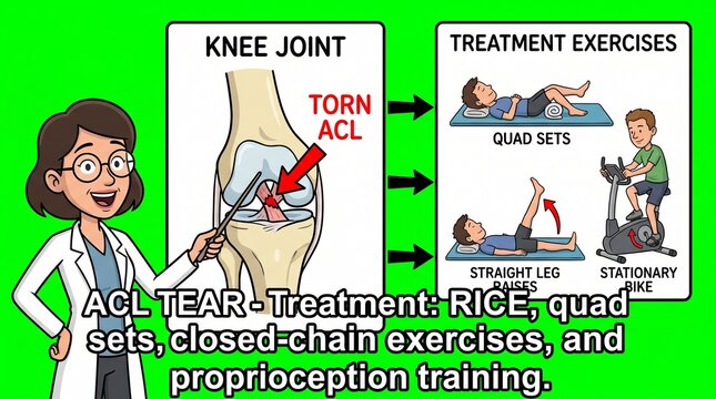Doctor explaining ACL tear injury and physical therapy rehabilitation exercises on chart