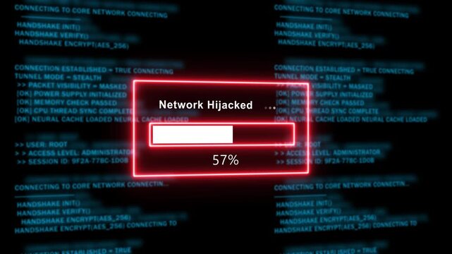 Network hijacked warning progress bar with cyber security code background, data breach hacking, computer virus