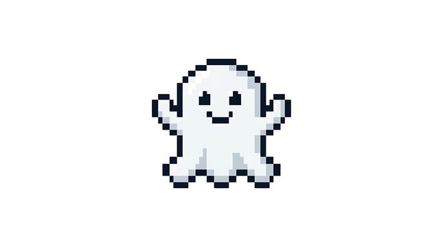 Pixel art ghost icon with smiling face on white background