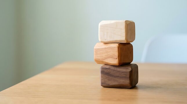 Three stacked wooden blocks resting on a clean wooden table in bright indoor lighting