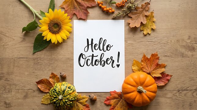 Hello october card with sunflowers and pumpkins on wooden surface
