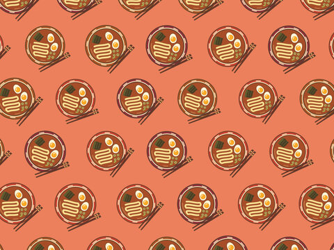 Japanese Noodle Soup Bowls Colorful Food Pattern