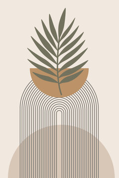 Boho Abstract Minimalist Art Print with Tropical Palm Leaf and Geometric Arch Design