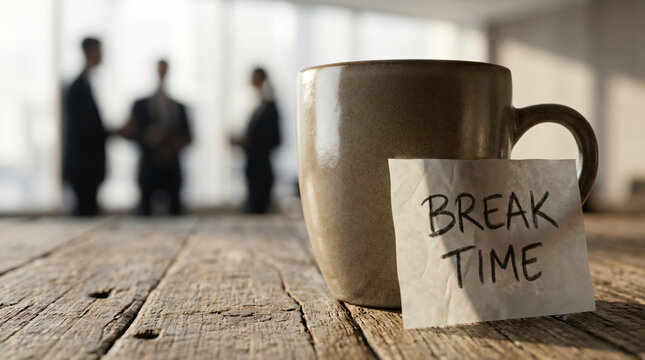 coffee break time in the office | professional work life balance concept | ceramic mug with break time note | taking a break from business meeting